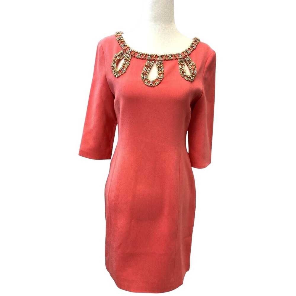 Lilly Pulitzer Dress Womens 4 Pink Beaded Neck Sheath Scoop Half Sleeve Party